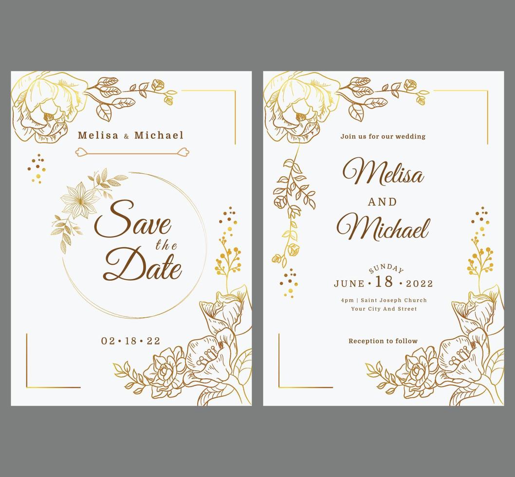 fondo de plantilla de tarjeta de invitación de boda de lujo con flor de arte de línea dorada, formas orgánicas, diseño de invitación vectorial para tarjeta de boda y plantilla de portada vip vector