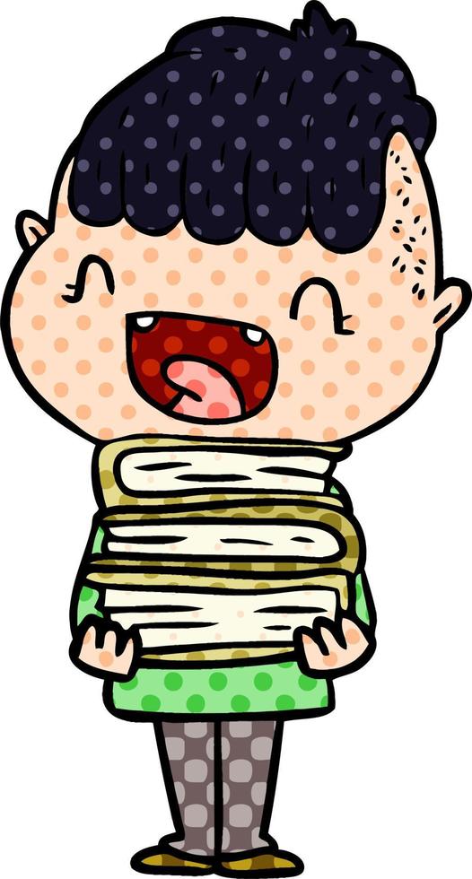 cartoon happy boy with new books vector
