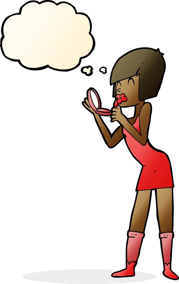 cartoon woman applying lipstick with thought bubble vector