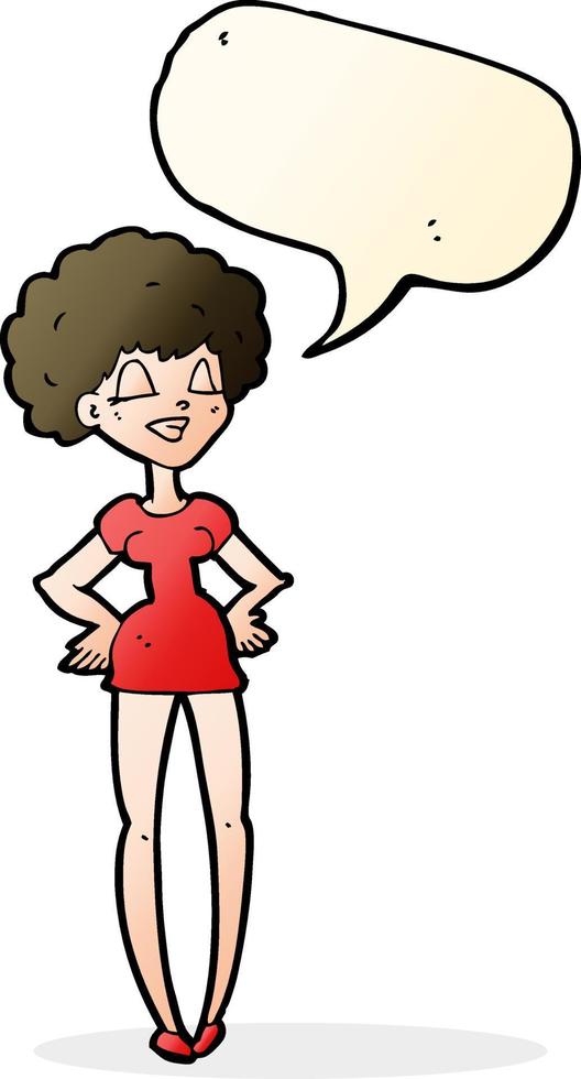 caricatura, mujer feliz, con, manos caderas, con, burbuja del discurso vector