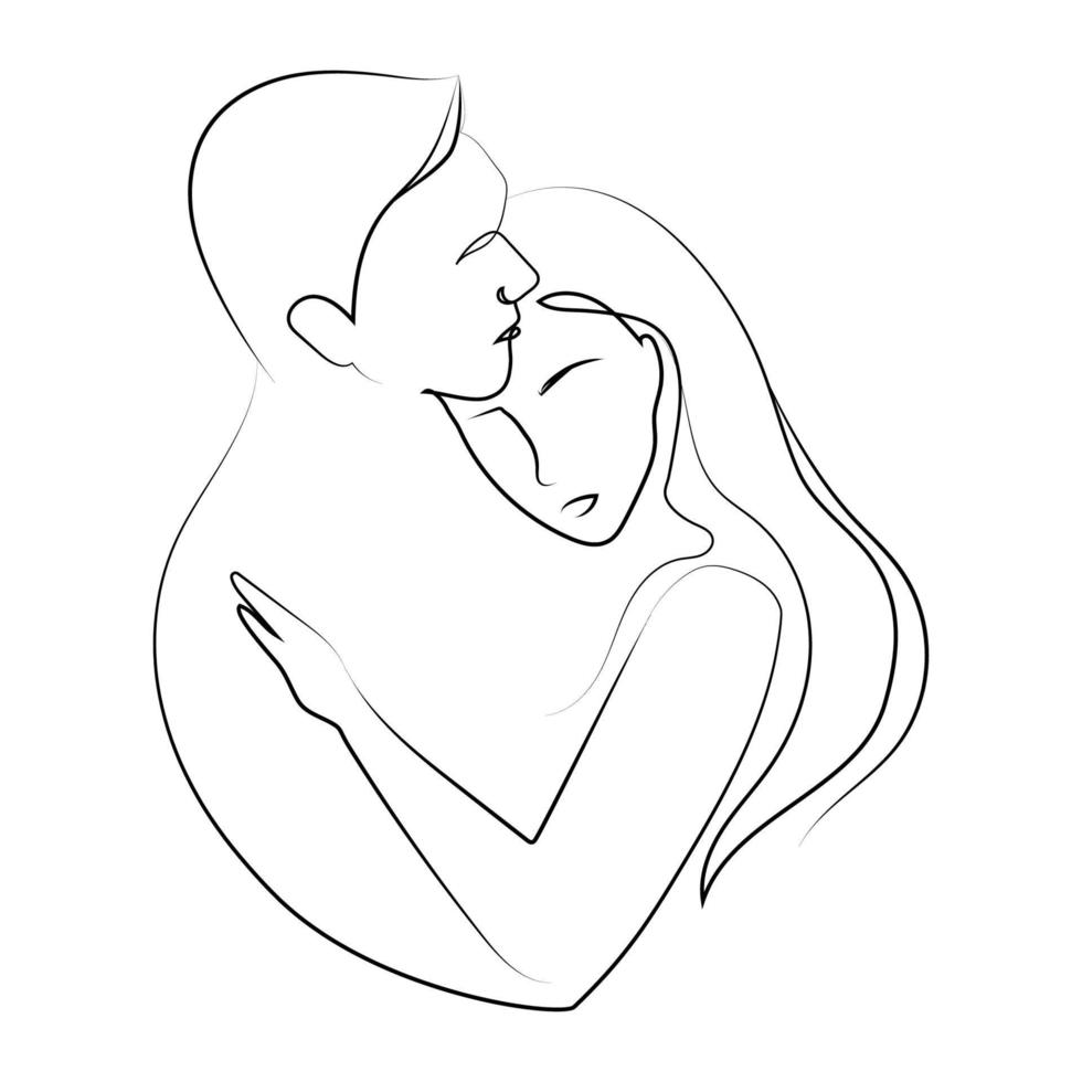 hombres y mujeres de arte de línea abrazándose, ilustración de vector de cara mínima, boceto en blanco y negro. una pareja de arte de línea enamorada, diseño de impresión de arte minimalista de pareja. ilustración del día de san valentín