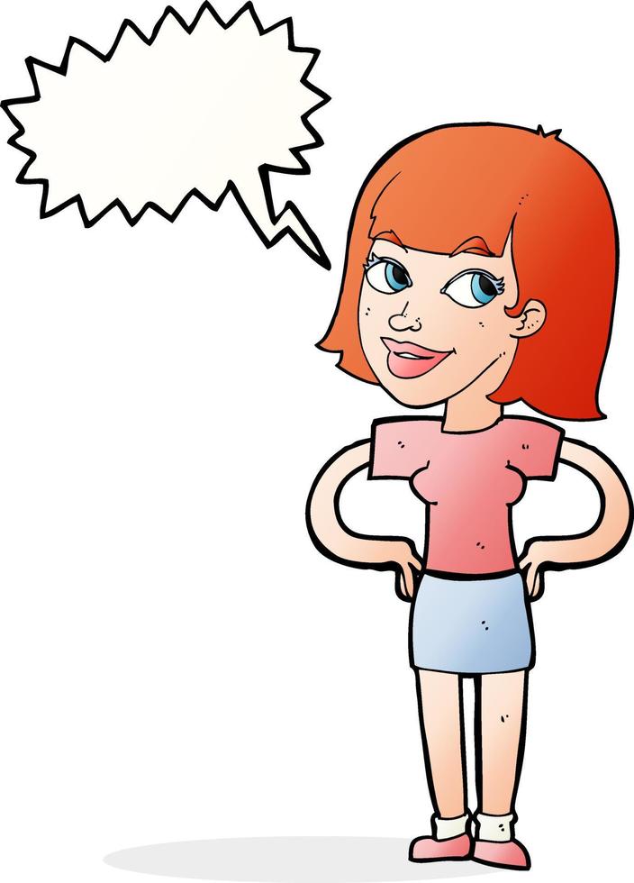 cartoon happy woman with hands on hips with speech bubble vector