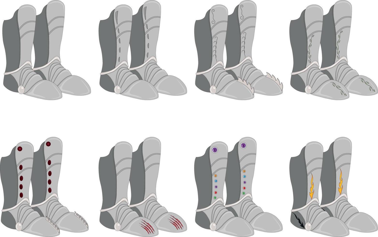 Plate armor game asset, various styles foot armor collection vector illustration