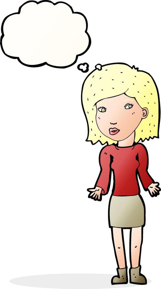 cartoon woman shrugging shoulders with thought bubble vector