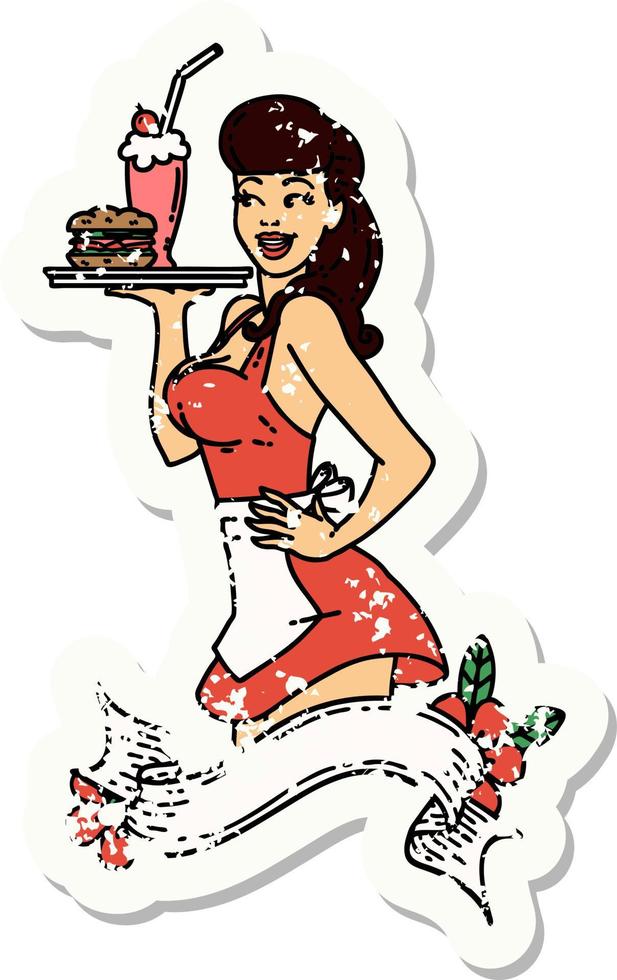 distressed sticker tattoo of a pinup waitress girl with banner vector