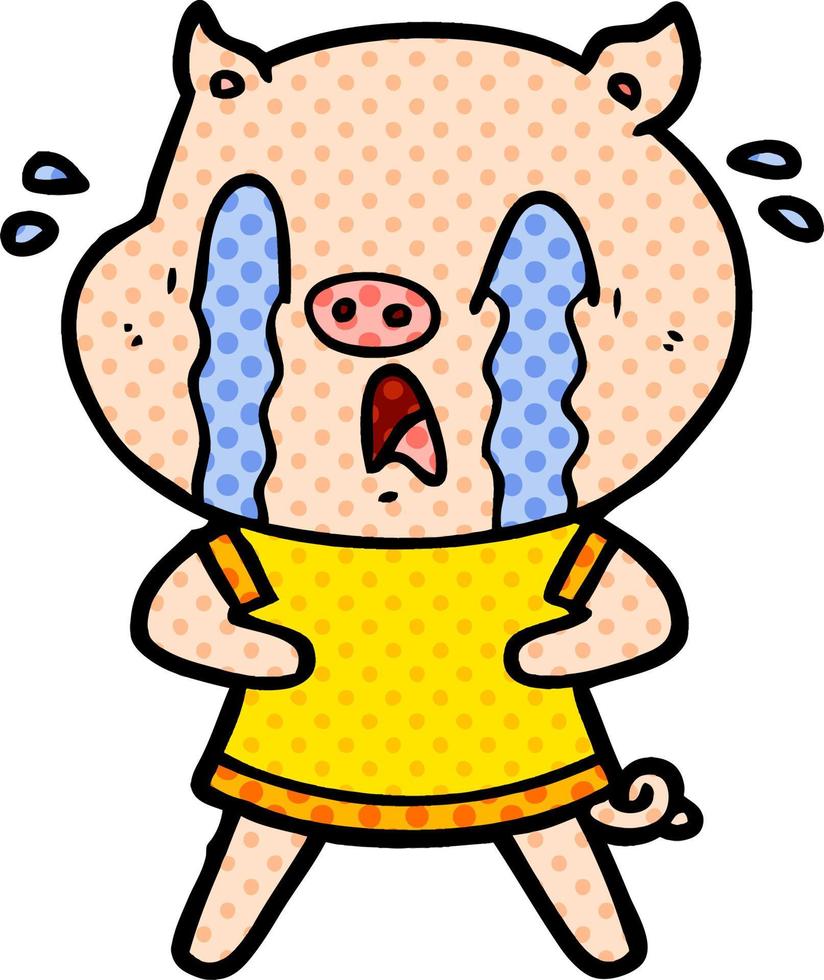 crying pig cartoon wearing human clothes vector