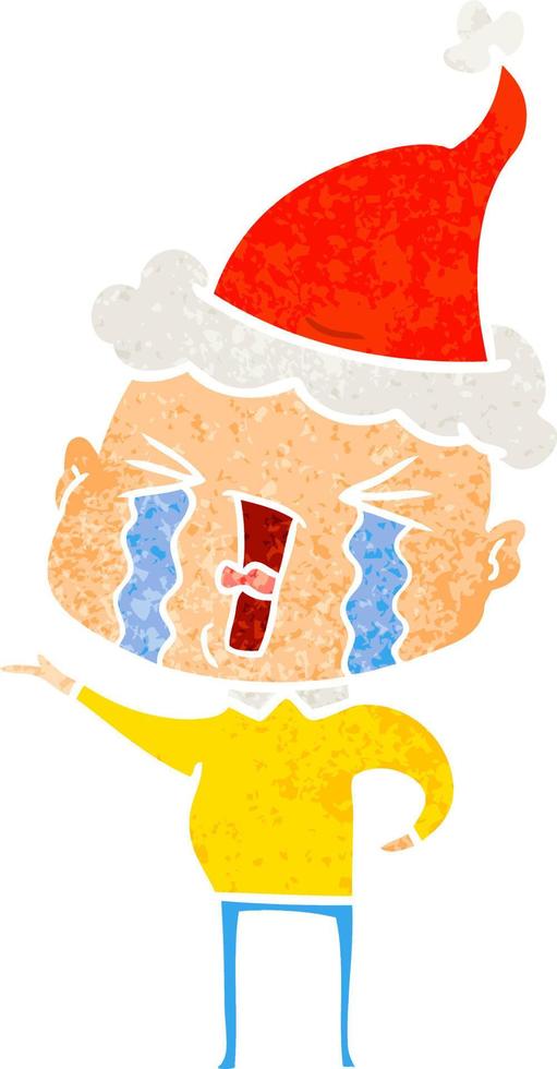 retro cartoon of a crying bald man wearing santa hat vector