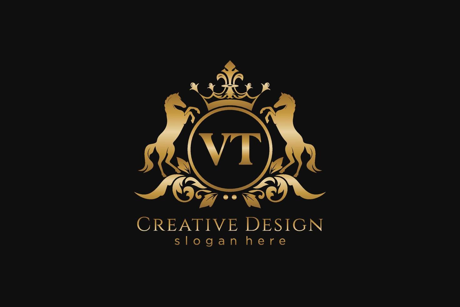 initial VT Retro golden crest with circle and two horses, badge template with scrolls and royal crown - perfect for luxurious branding projects vector