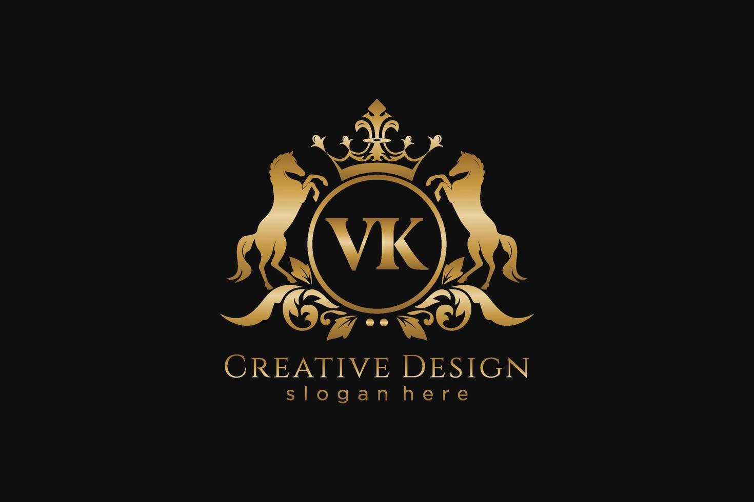 initial VK Retro golden crest with circle and two horses, badge template with scrolls and royal crown - perfect for luxurious branding projects vector
