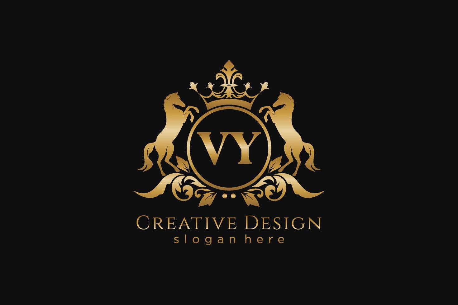 initial VY Retro golden crest with circle and two horses, badge template with scrolls and royal crown - perfect for luxurious branding projects vector