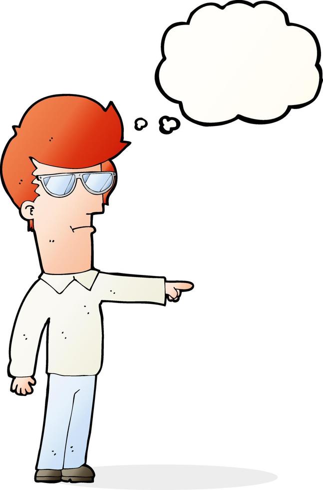 cartoon man in glasses pointing with thought bubble vector