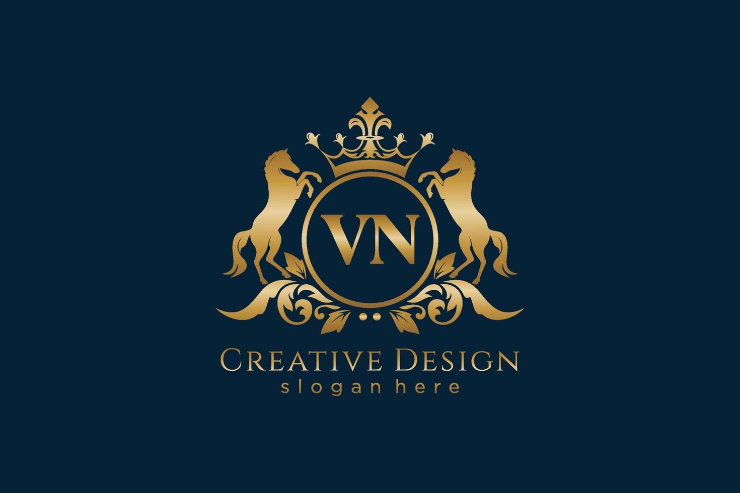 initial VN Retro golden crest with circle and two horses, badge template with scrolls and royal crown - perfect for luxurious branding projects vector