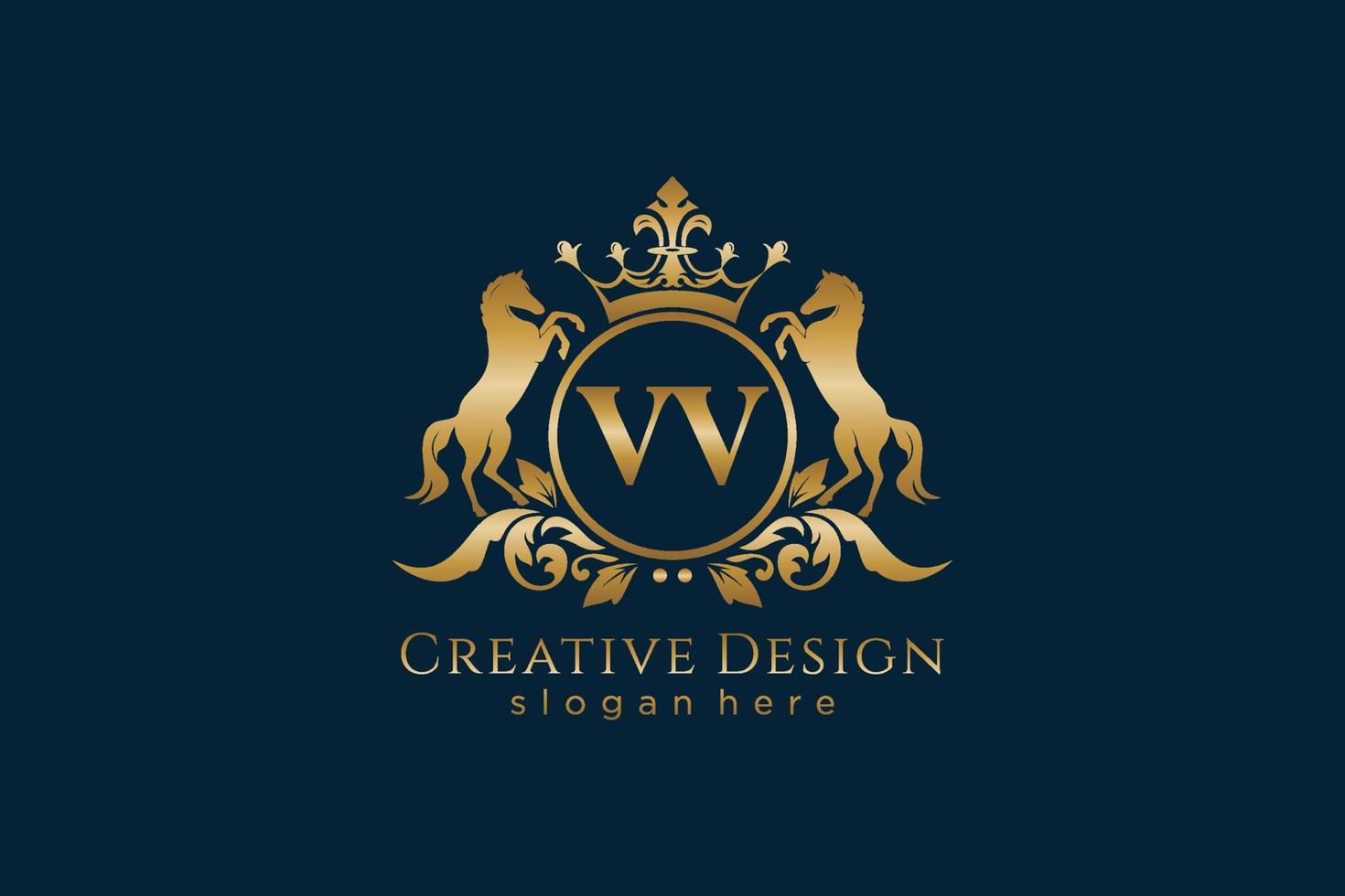 initial VV Retro golden crest with circle and two horses, badge template with scrolls and royal crown - perfect for luxurious branding projects vector