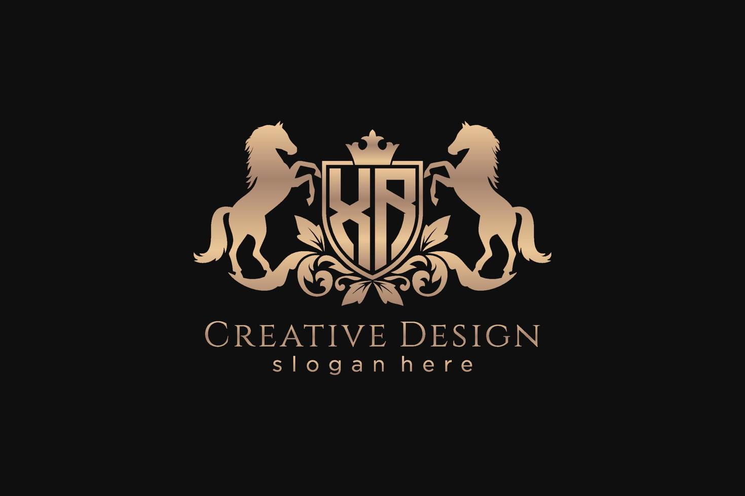 initial XR Retro golden crest with shield and two horses, badge template with scrolls and royal crown - perfect for luxurious branding projects vector