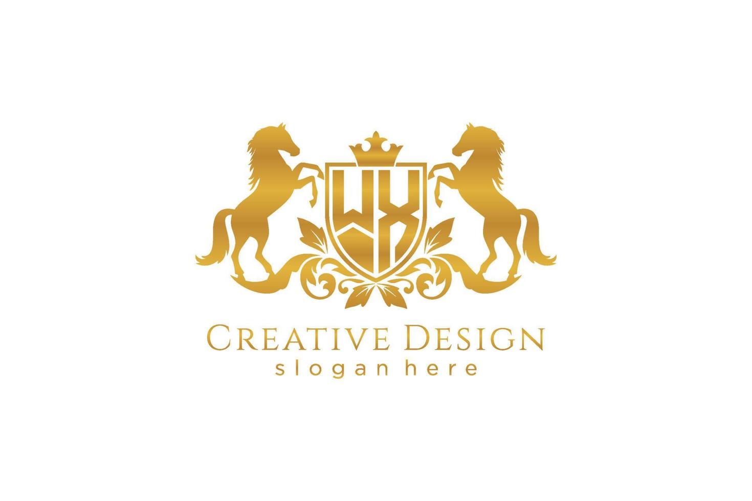 initial WX Retro golden crest with shield and two horses, badge template with scrolls and royal crown - perfect for luxurious branding projects vector