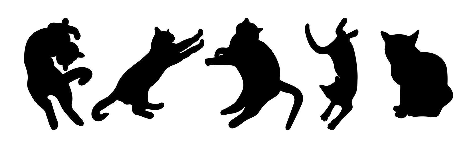 conjunto de siluetas de gatos, vector de mascotas negras, diferentes poses de animales