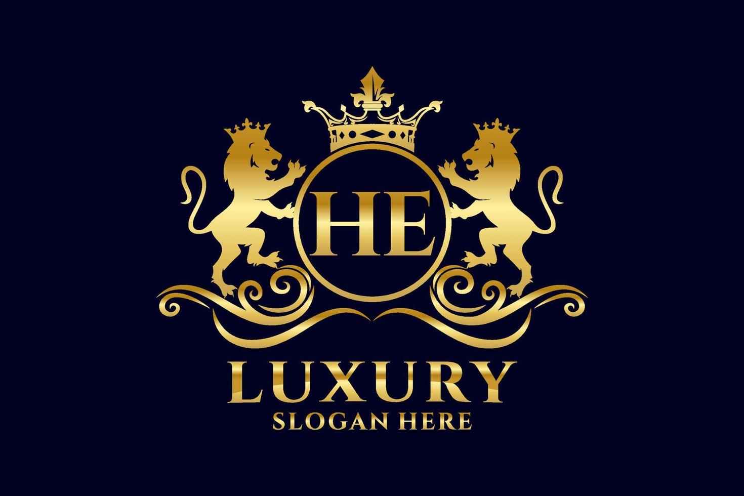 Initial HE Letter Lion Royal Luxury Logo template in vector art for luxurious branding projects and other vector illustration.