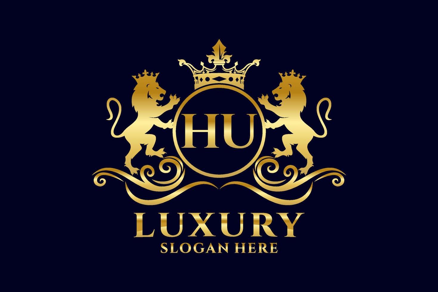 Initial HU Letter Lion Royal Luxury Logo template in vector art for luxurious branding projects and other vector illustration.