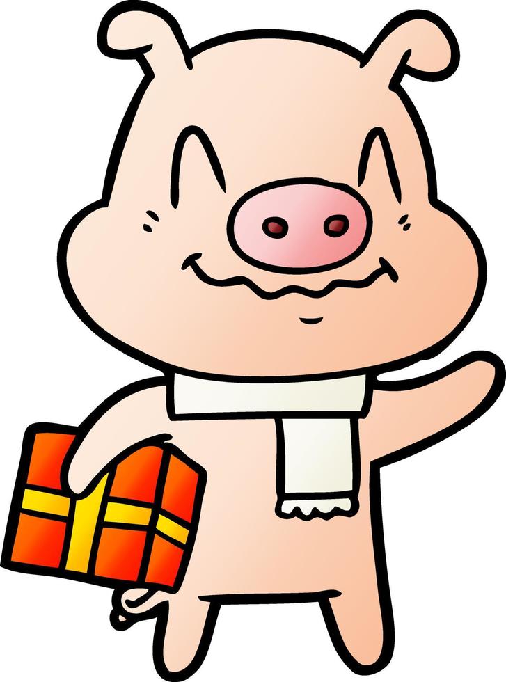 nervous cartoon pig with present vector