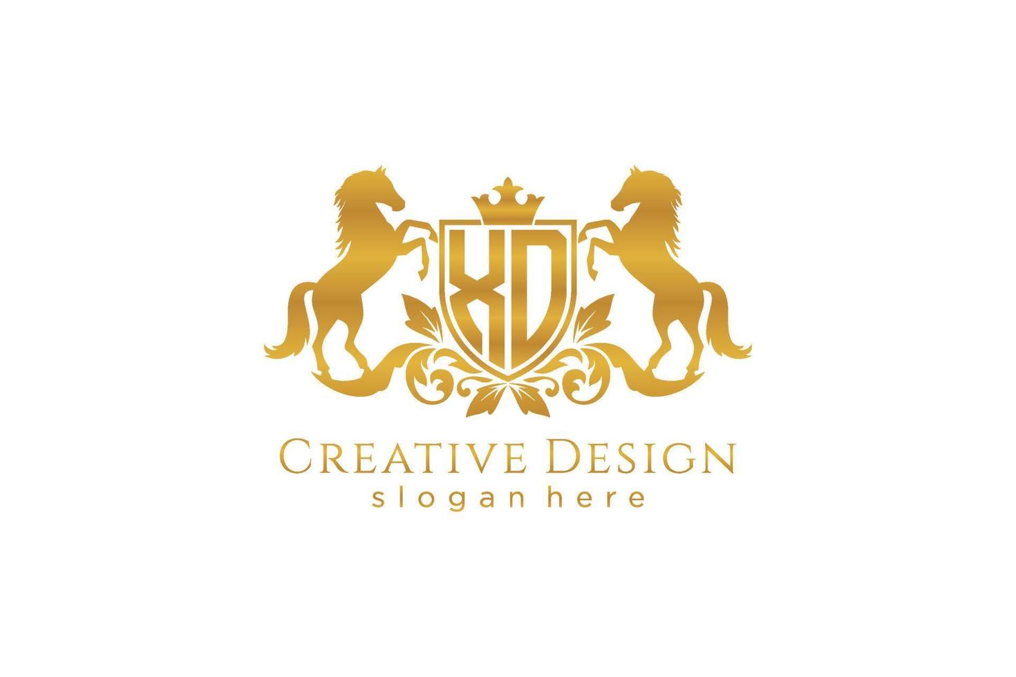 cresta dorada retro inicial xd con escudo y dos caballos, plantilla de insignia con pergaminos y corona real - perfecto para proyectos de marca de lujo vector