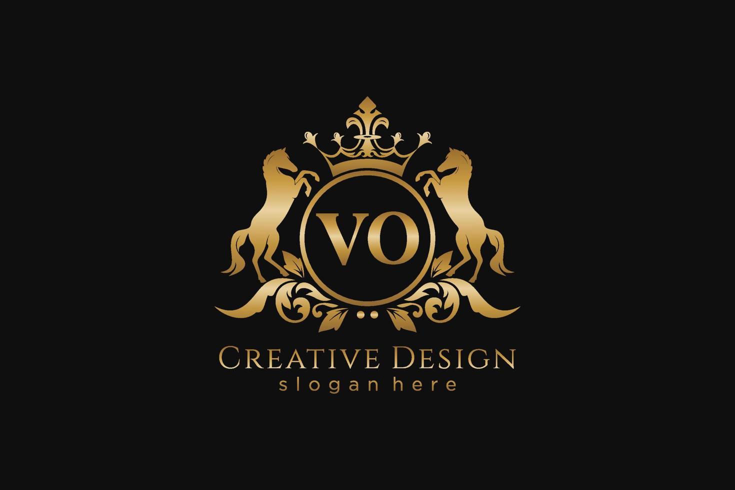 initial VO Retro golden crest with circle and two horses, badge template with scrolls and royal crown - perfect for luxurious branding projects vector