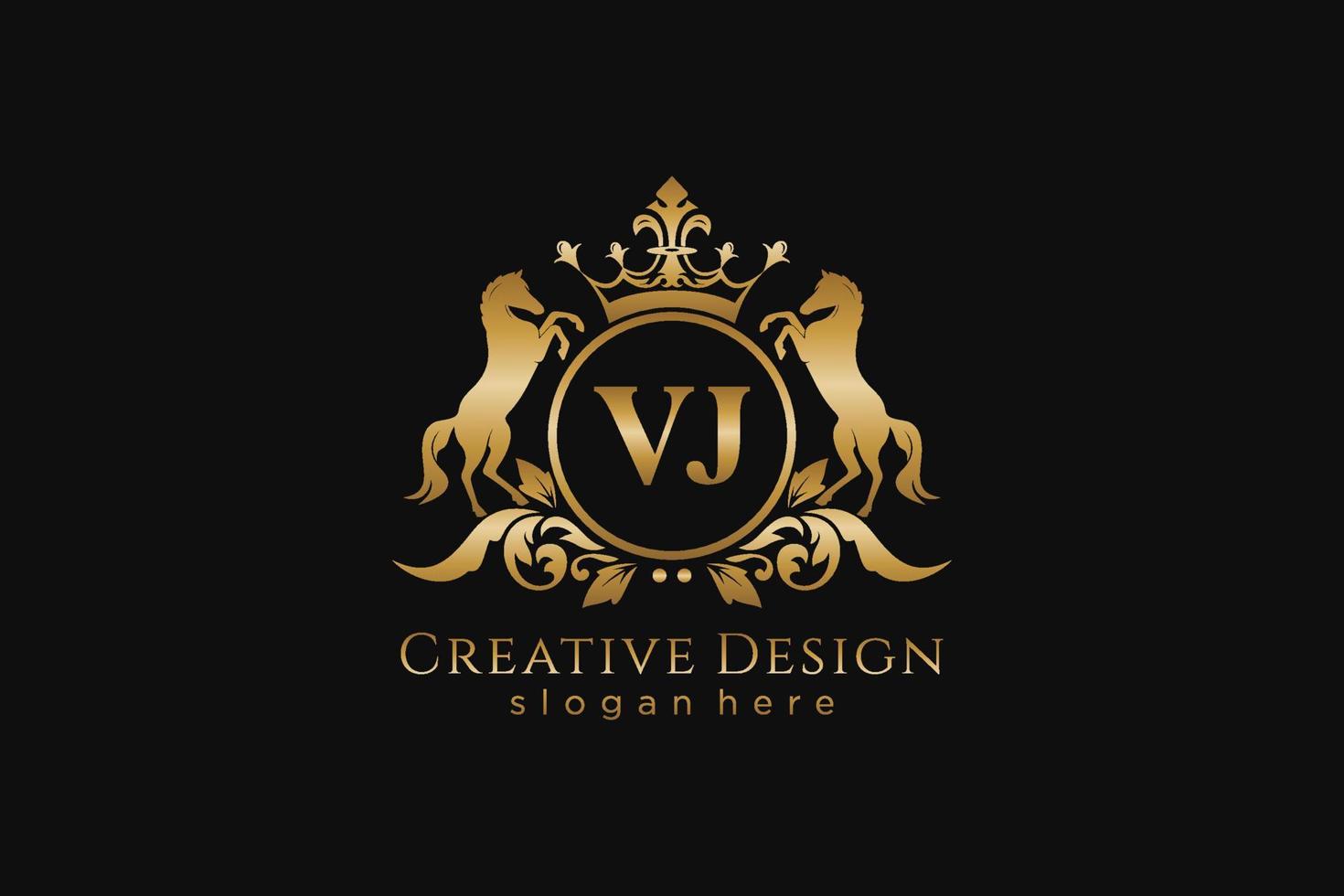 initial VJ Retro golden crest with circle and two horses, badge template with scrolls and royal crown - perfect for luxurious branding projects vector