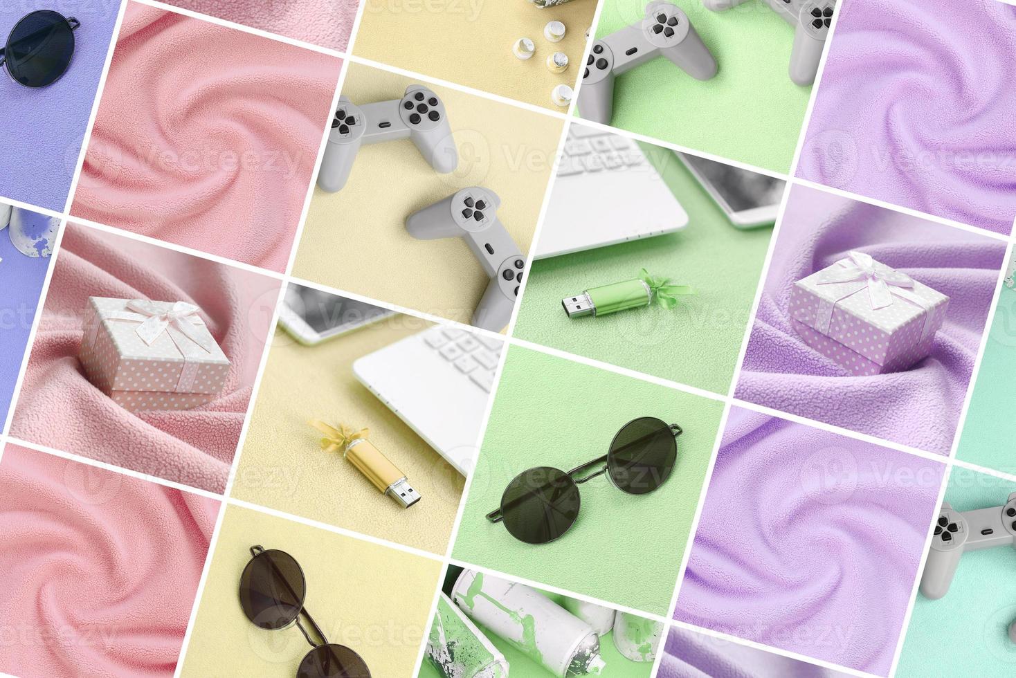 A set of pictures with fashionable youth objects on a soft fleece surface. Trendy pastel light colors photo