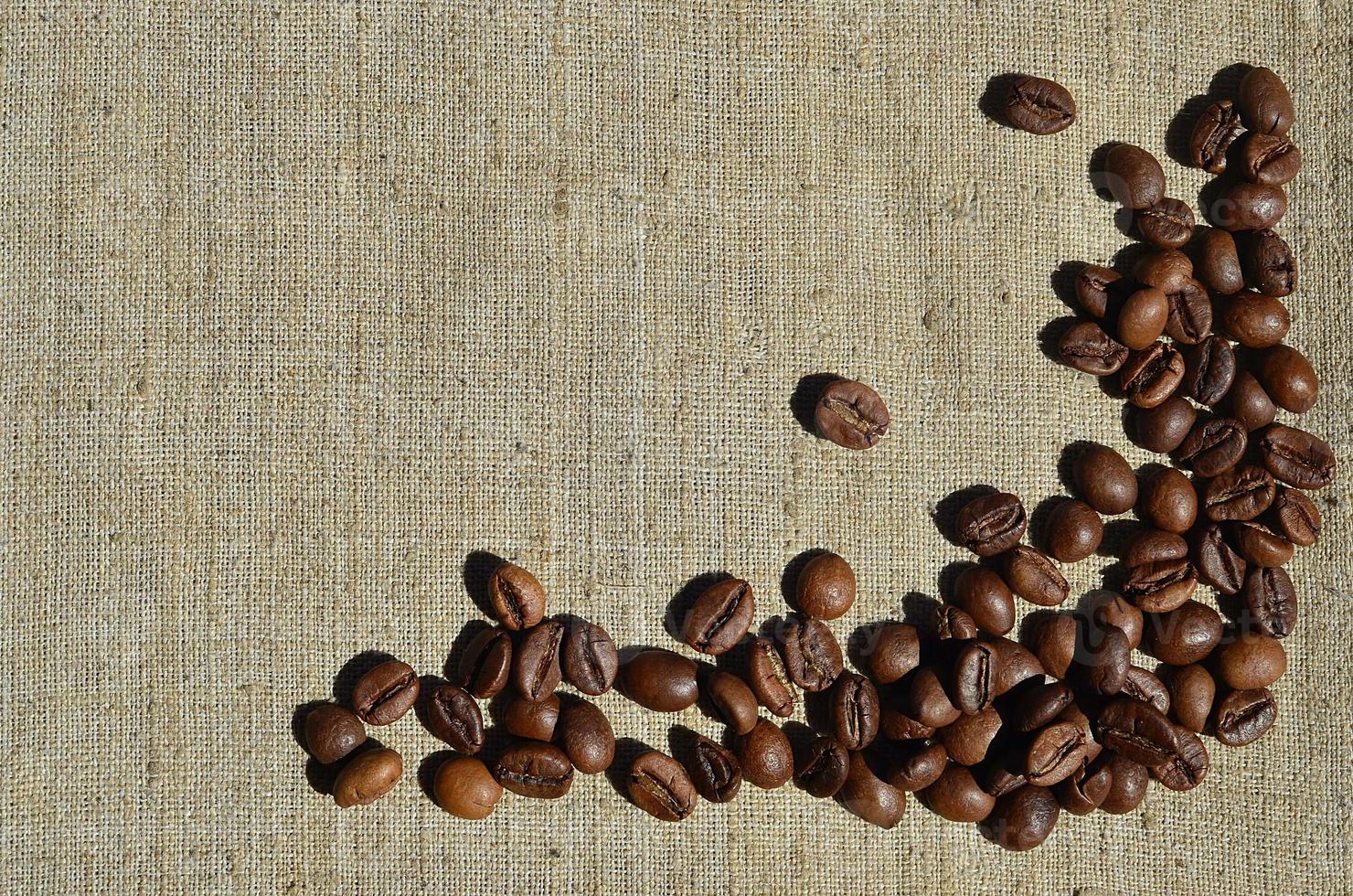 Texture of a gray canvas made of old and coarse burlap with coffee beans on it photo