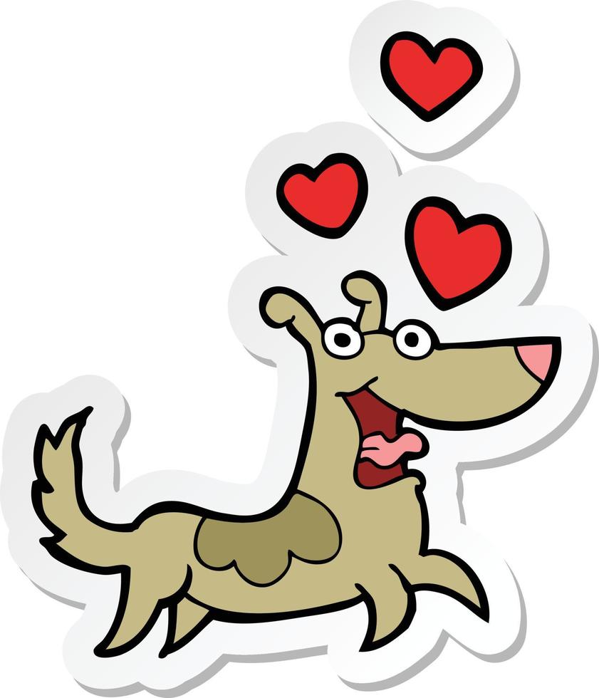 pegatina de un perro de dibujos animados con corazones de amor vector