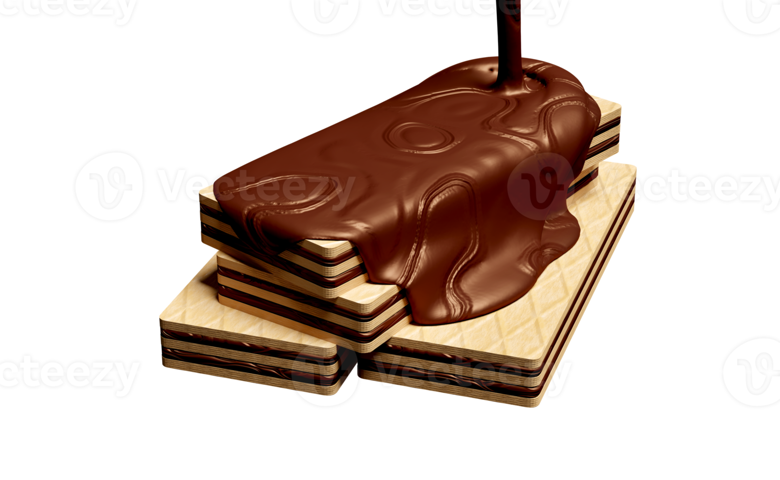 Bâtonnets de gaufrettes croustillantes 3d avec verser le chocolat chaud isolé. publicité pour l'emballage, illustration de rendu 3d png