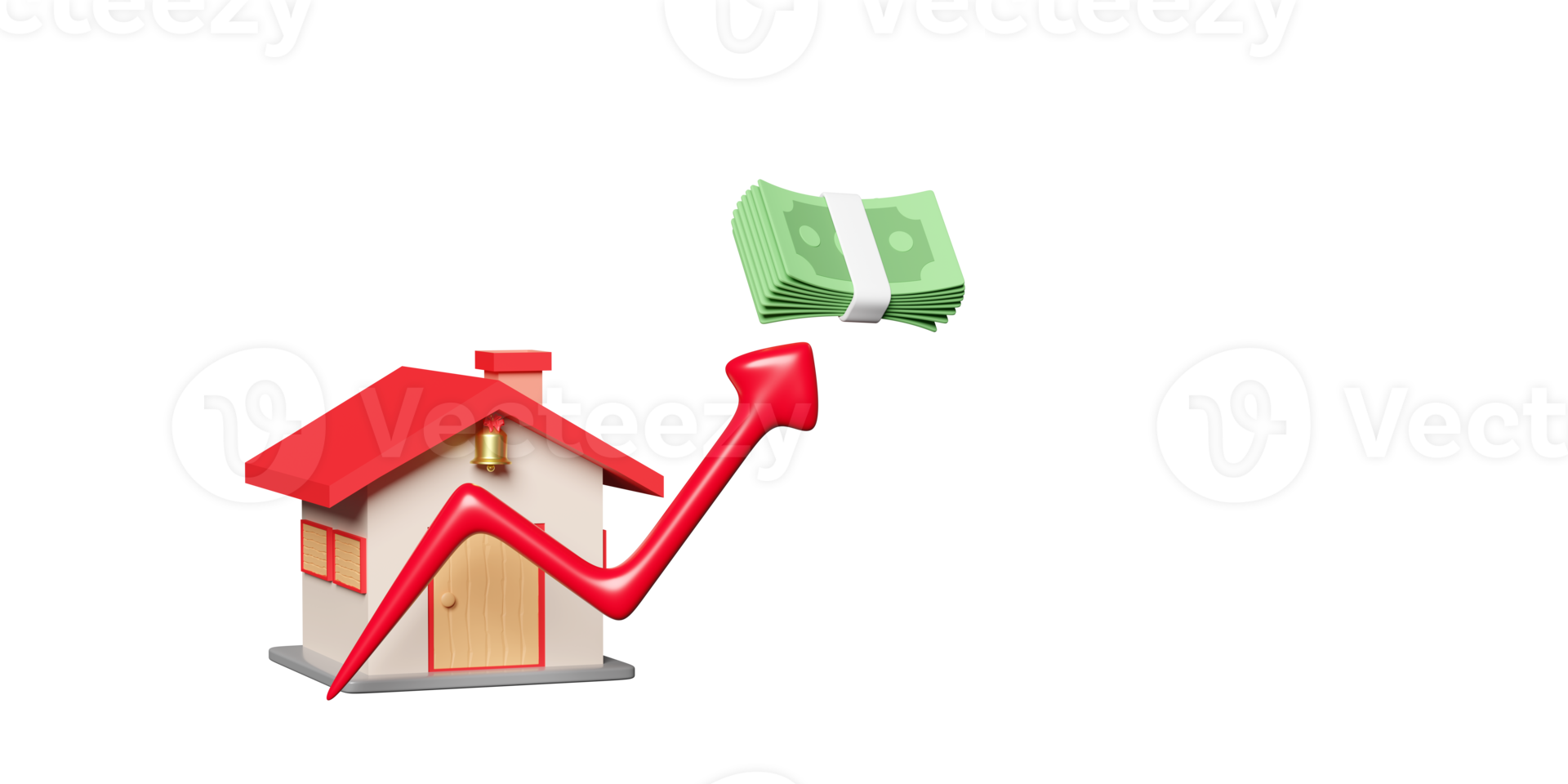 3D rote Hausikone mit Pfeildiagramm, Banknotenstapel lokalisiert. Hauskauf, Miete, Haus- und Grundstückspreise steigen. Konzept, 3D-Darstellung png