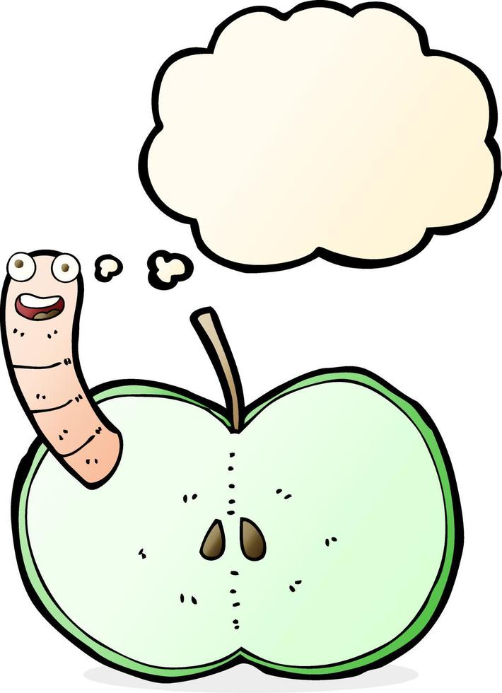 manzana de dibujos animados con gusano con burbuja de pensamiento vector