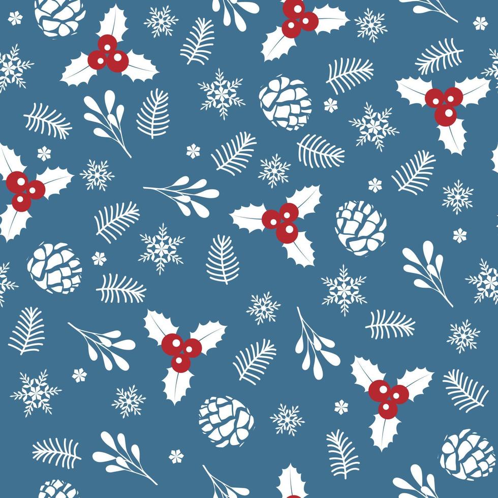 Christmas design elements - berry, branches, snowflake, bell, bow, poinsettia, acorns, fir trees, gift and candy cane. Seamless pattern perfect for greeting cards vector