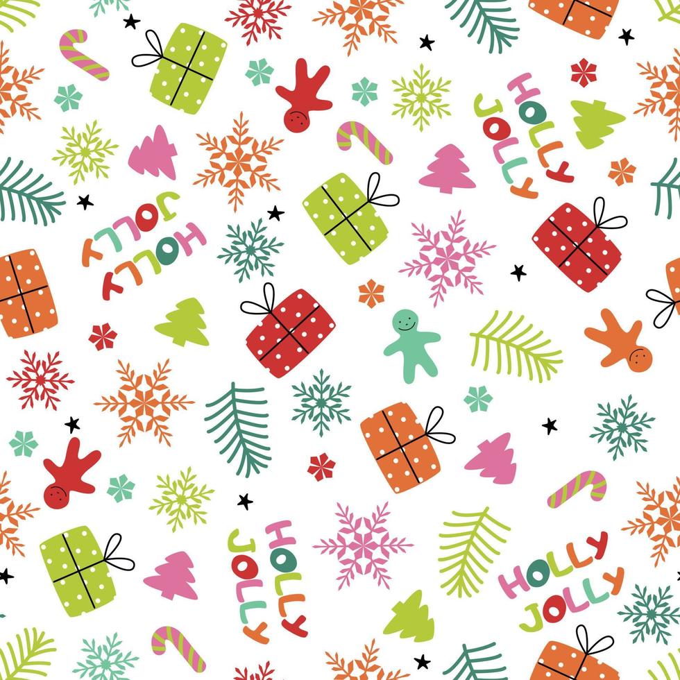elementos de diseño navideños: bayas, ramas, copos de nieve, campanas, arcos, poinsettia, bellotas, abetos, regalo y bastón de caramelo. patrón perfecto para tarjetas de felicitación vector