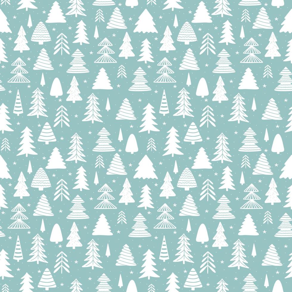 Winter forest scandinavian hand drawn seamless pattern. New Year, Christmas, holidays white texture with fir tree and stars. vector
