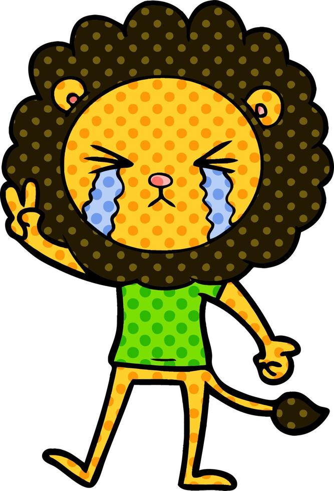 cartoon crying lion giving peace sign vector