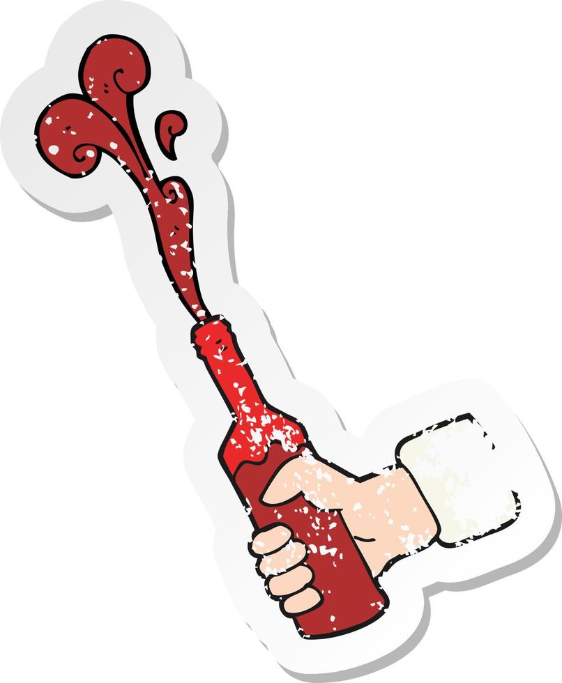 retro distressed sticker of a cartoon hand holding bottle of wine vector