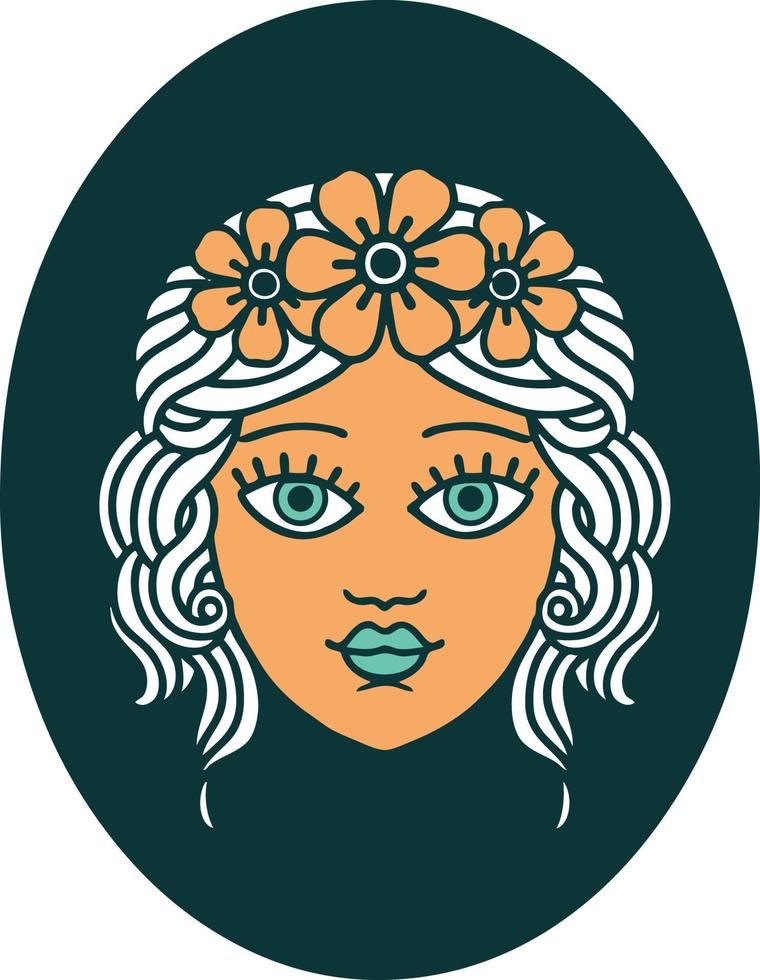 icono de estilo tatuaje de una doncella con corona de flores vector