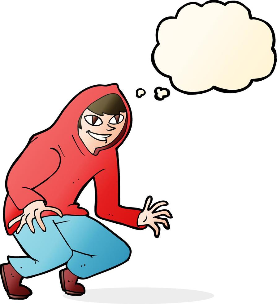 cartoon mischievous boy in hooded top with thought bubble vector