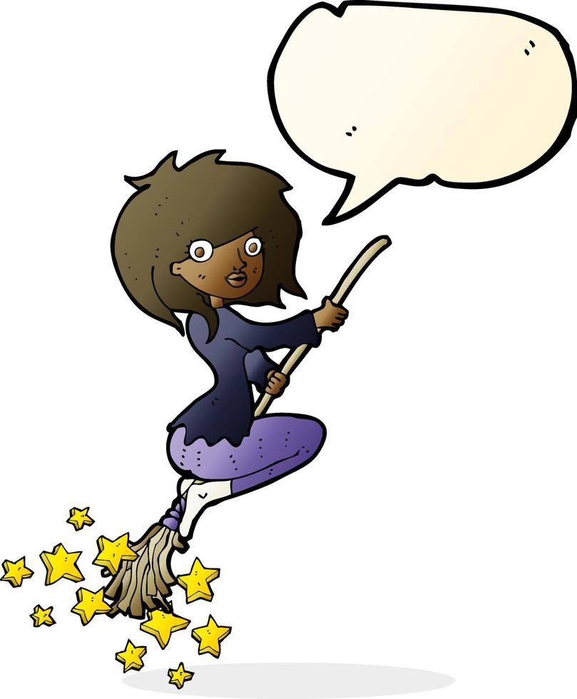 cartoon witch riding broomstick with speech bubble vector