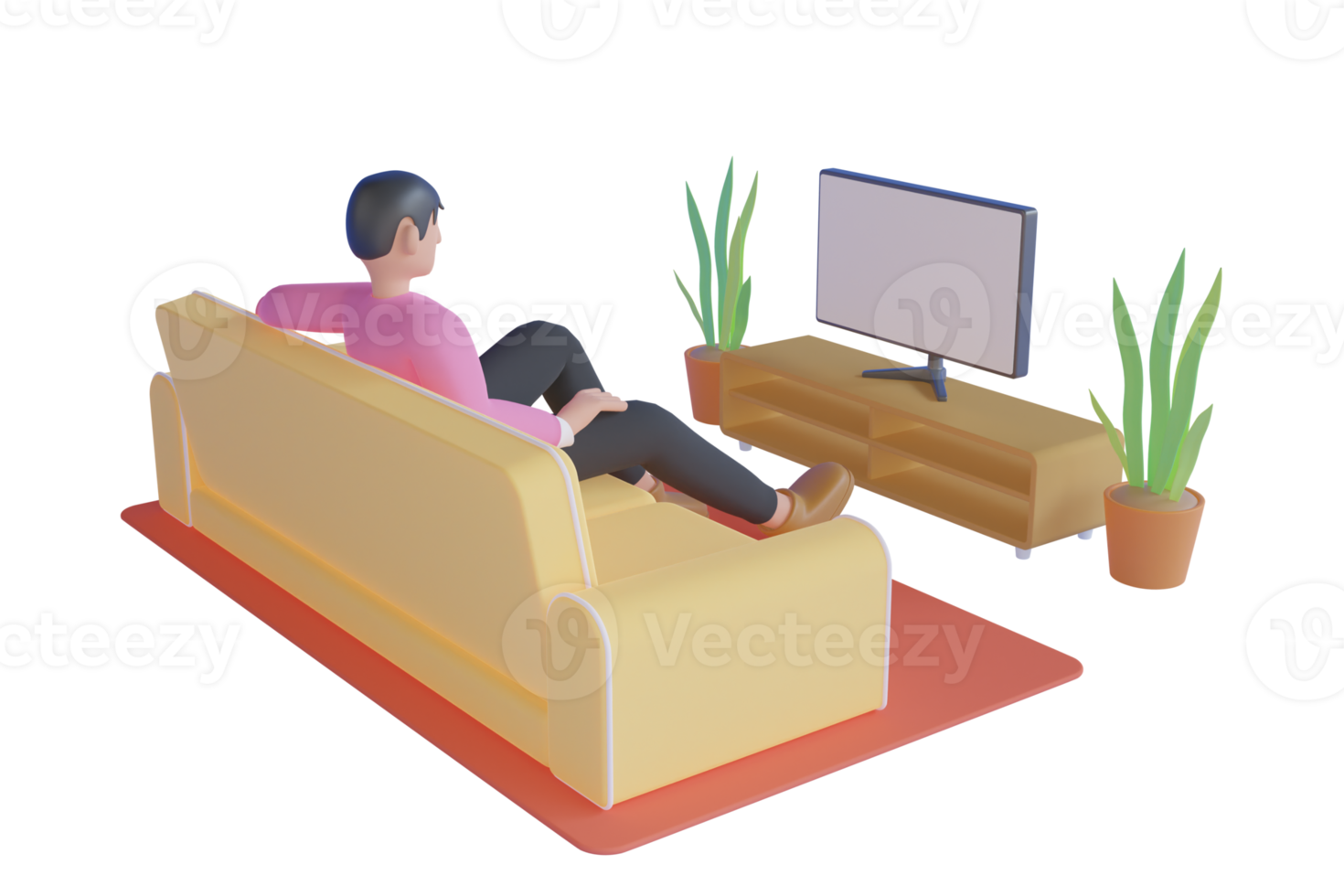 3D cartoon character A young man watching a movie want to have fun at home. sitting on a sofa in a living room in front of the television screen and watching TV. 3d rendering png