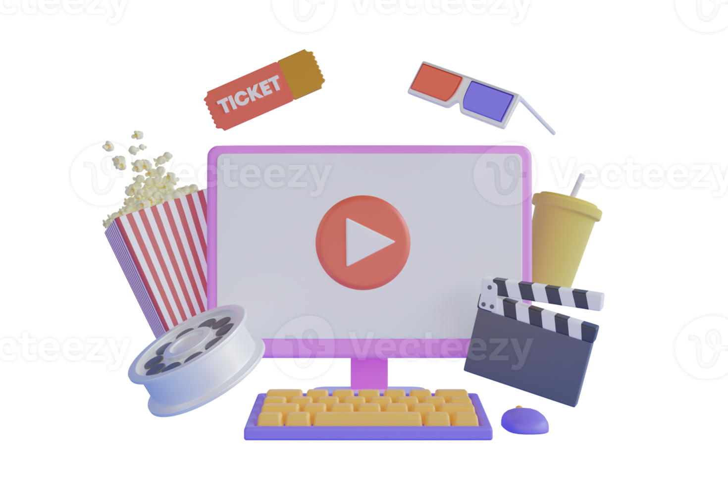 Online cinema art movie watching with popcorn, 3d glasses and film-strip cinematography concept. 3d movie theater, online cinema watching, cinematography and filmmaking, ticket ordering. 3d render png