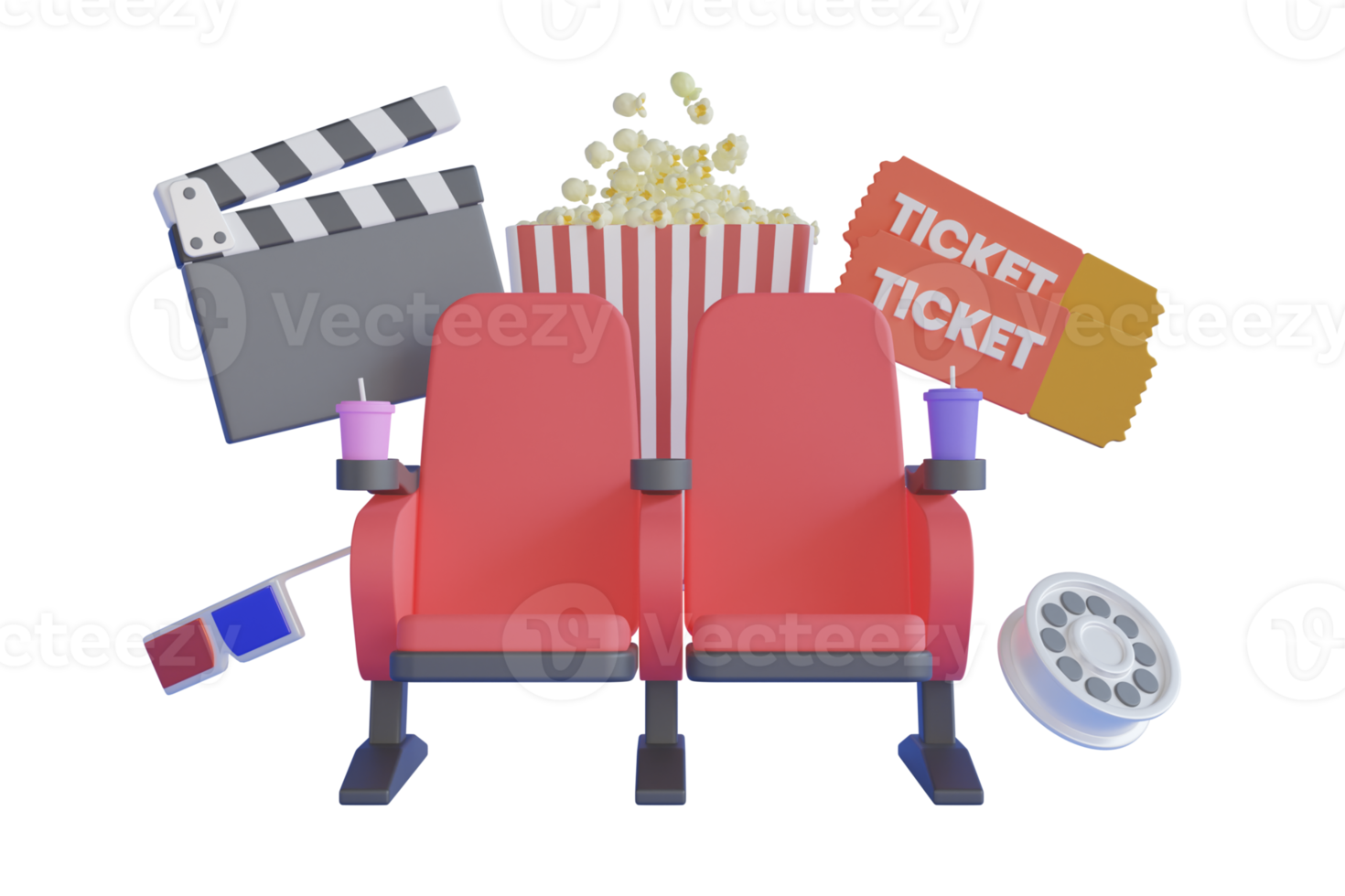 red cinema armchair with fizzy drink, popcorn, 3d glasses , ticket and movie reels over white background. 3d render of red cinema chair with popcorn,clapboard,3d glasse,reel. 3d rendering png