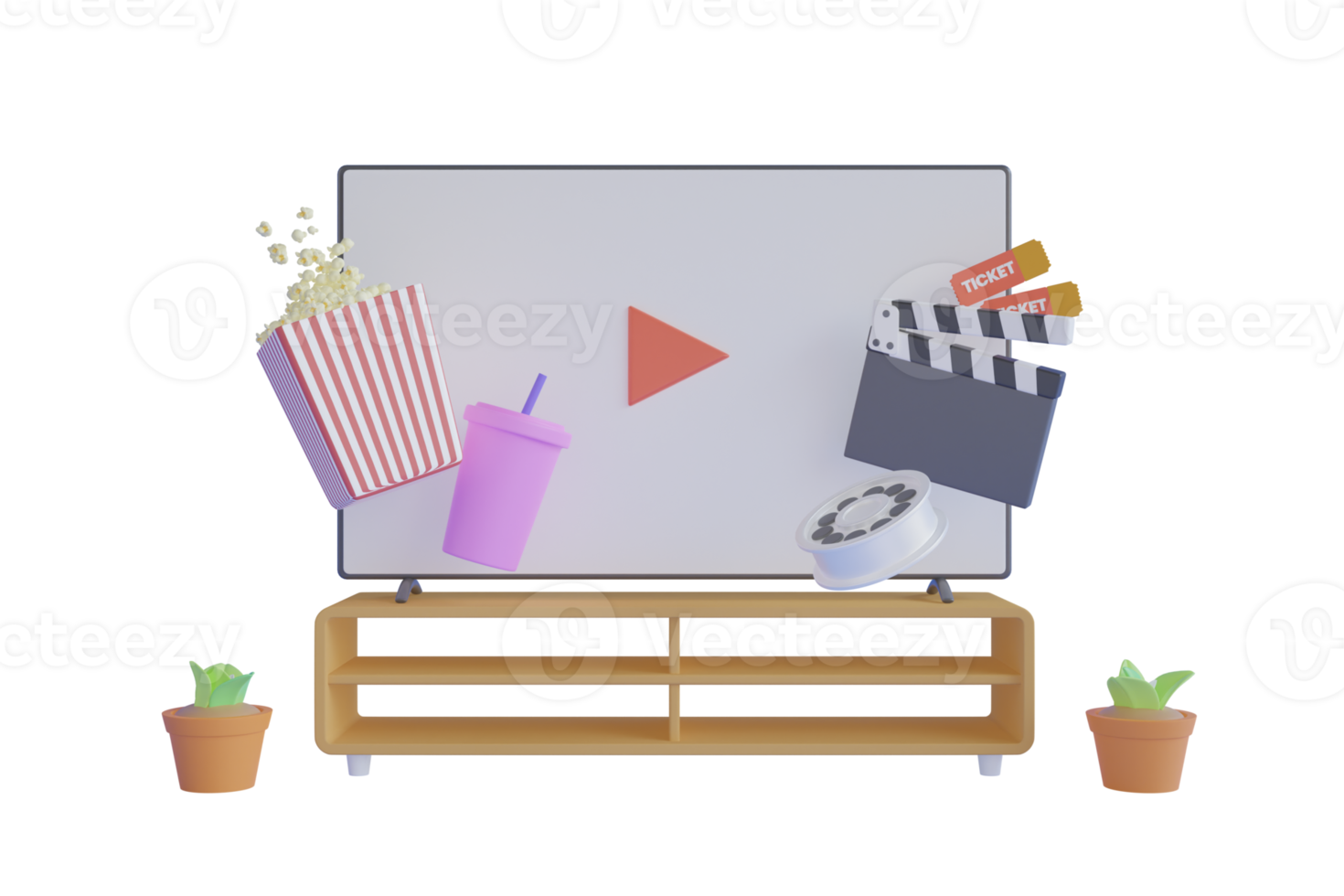Concept of watching online cinema at home, like in a movie theater with popcorn, drink, tickets.Concept of online home cinema. Bucket for popcorn, film strip and reel. Filmmaking banner. png