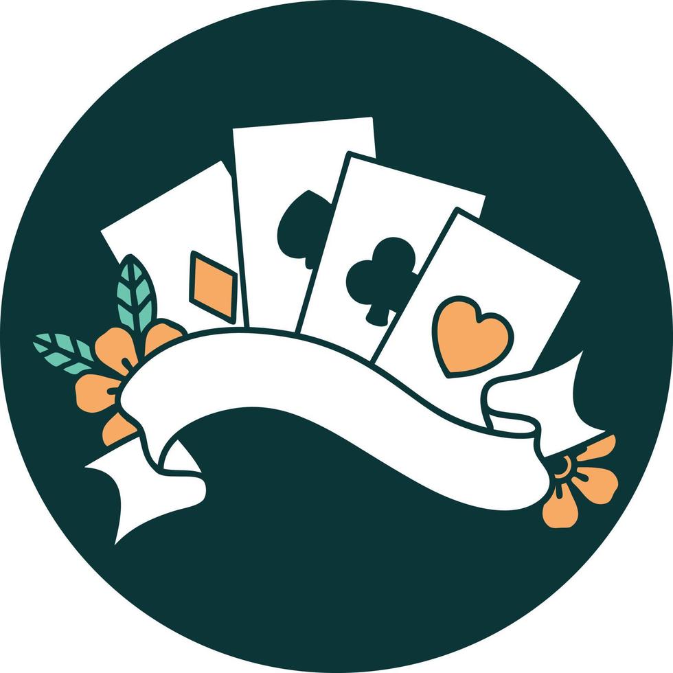 tattoo style icon of cards and banner with flowers vector