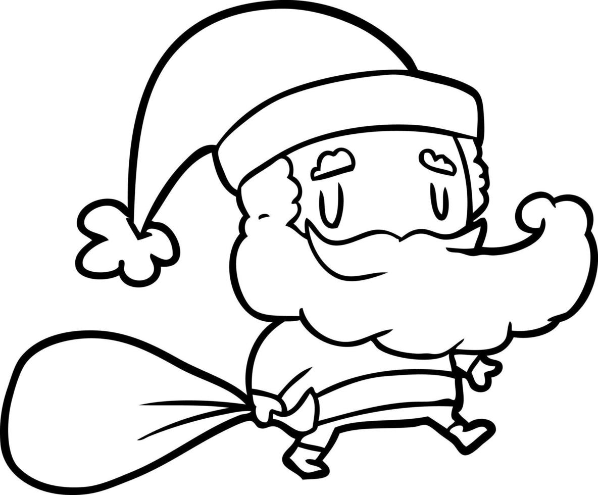 line drawing of a santa claus carrying sack of presents vector