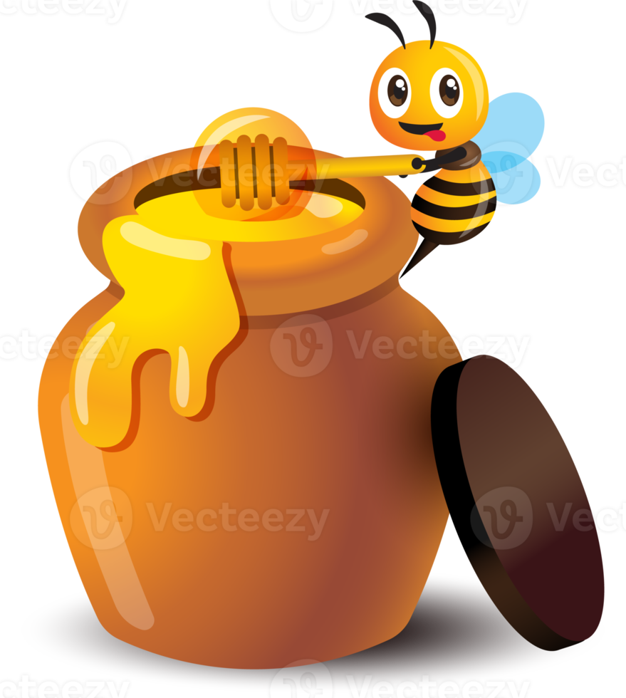 Cartoon cute bee with honey pot png