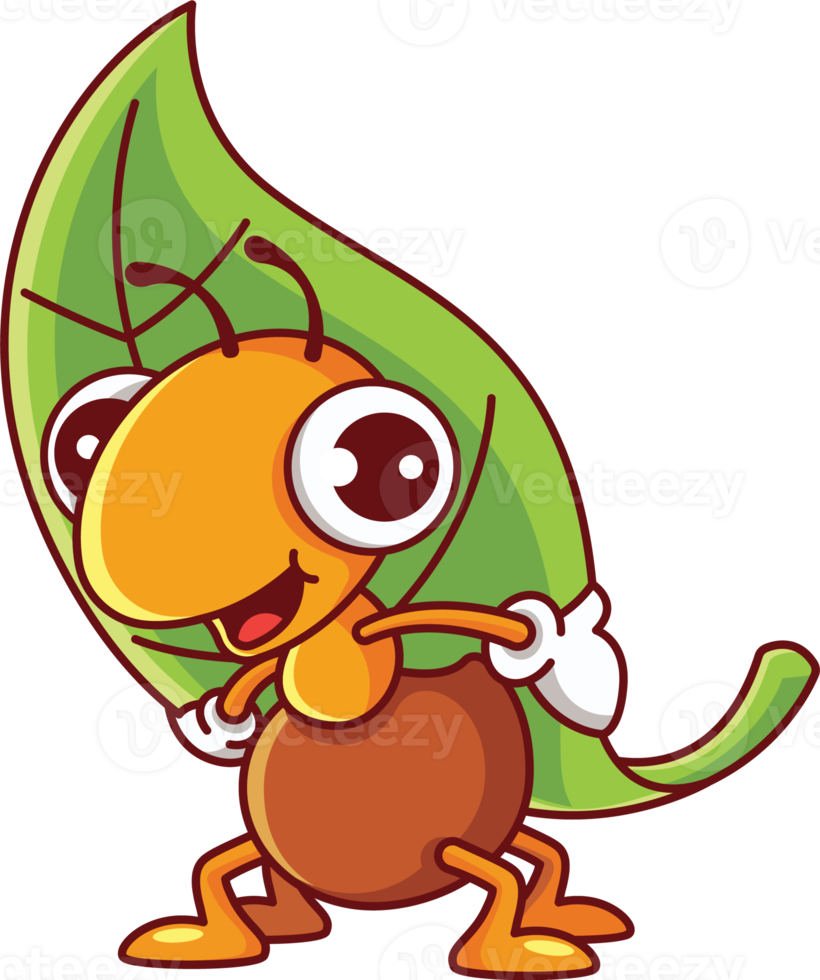 Ant carrying leaf cartoon character illustration png