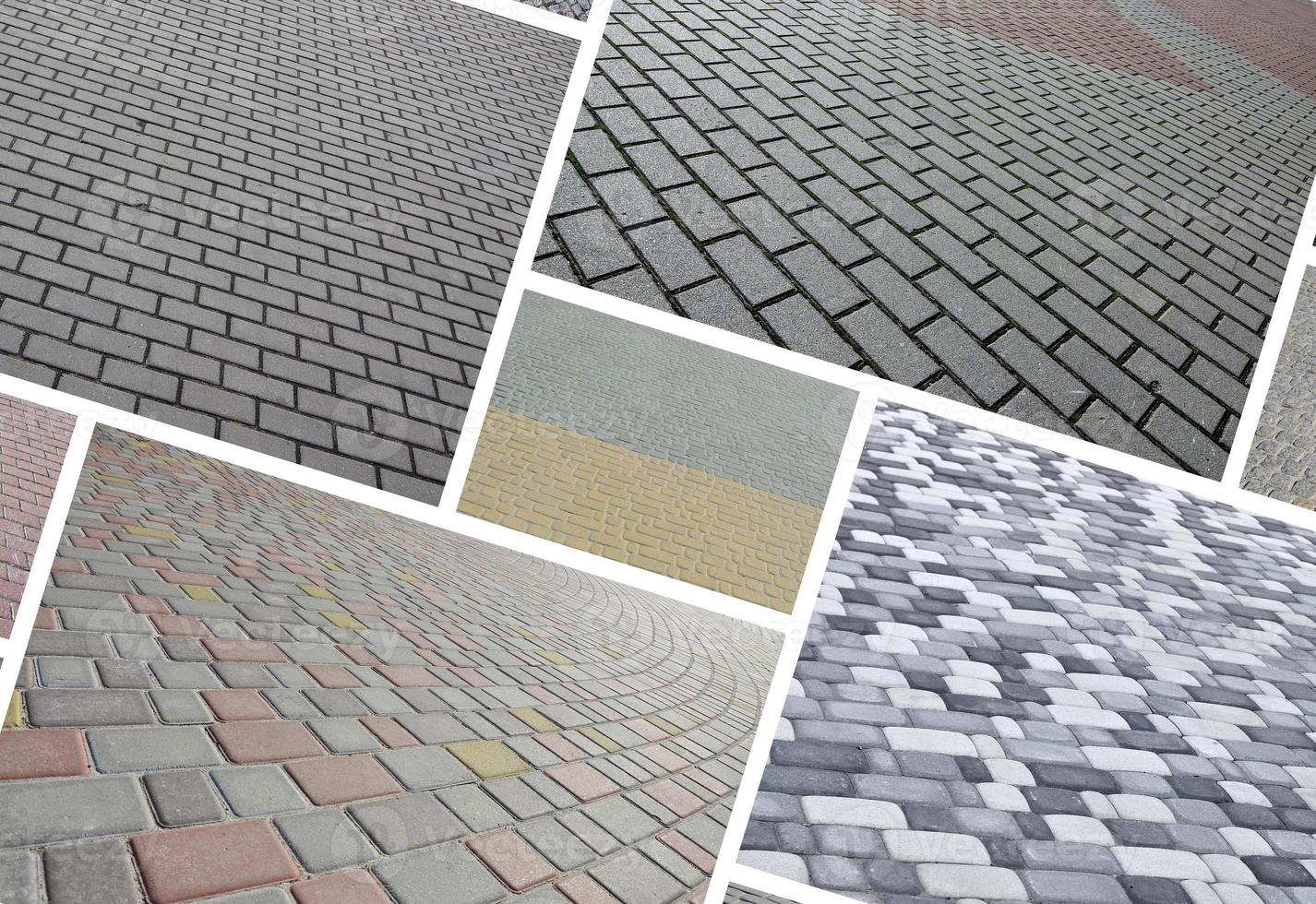A collage of many pictures with fragments of paving tiles close-up. Set of images with pavement stone photo