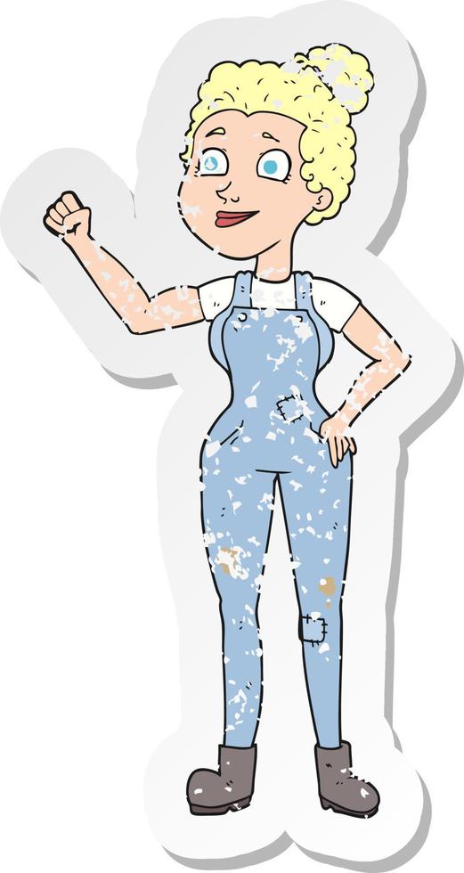 retro distressed sticker of a cartoon woman in dungarees vector